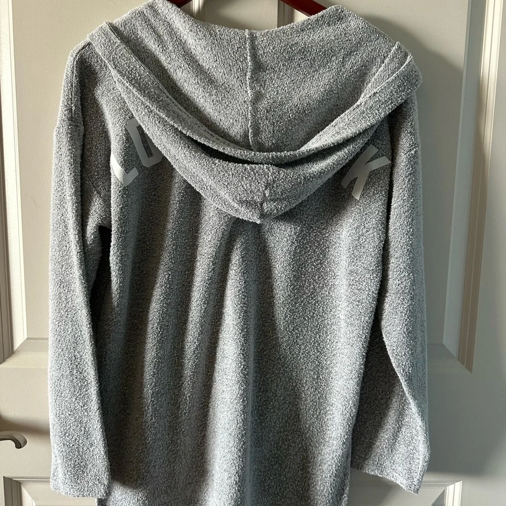 PINK Victoria’s Secret Lace-Up Hooded Sweater Pullover Gray Logo Back Size S - Picture 3 of 7